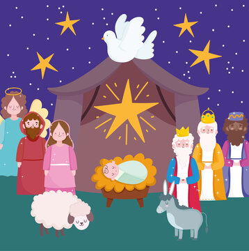 nativity, manger scene with joseph mary baby and wise kings cartoon