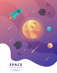 bright hand drawn vector illustration with a rocket flying in space