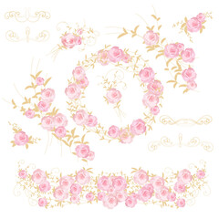 Roses. A set of elements in the form of a wreath, garland, vignette. Design of wedding invitations, cards, banners, posters. Vector illustration on a white isolated background.
