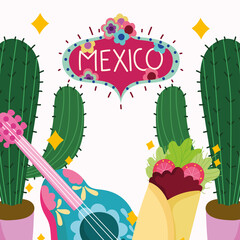 mexico lettering with flowers guitar burrito and cactus decoration culture