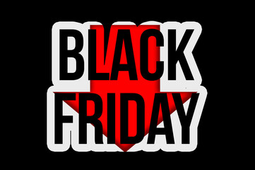 Backlit words Black Friday on black background and red price drop arrow. Banner for the annual sale