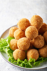 Fried cheese balls, appetizer with herbs and sauces in a plate on a gray table Copy space