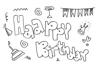 set of hand drawn doodle cartoon objects and symbols on the birthday party.