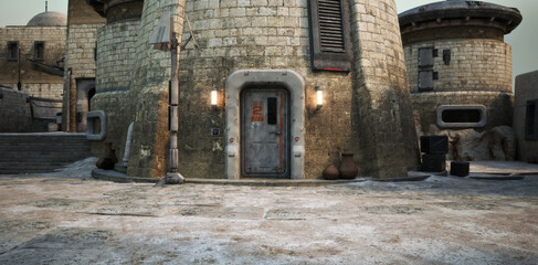  Background of an outer rim desert science fiction frontier outpost with buildings and structures .3d rendering © Digital Storm