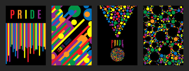 Lgbtq rainbow flag freedom community, pride pattern on black background, colorful cover illustration.