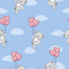 Seamless Teddy Bear pattern. Vector background with cute cartoon bears and heart balloons.