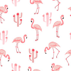 Seamless pattern with pink flamingo bird and cactus.
