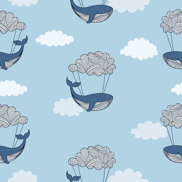 Seamless Blue Pattern With Cute Flying Whales And Clouds. Baby Print