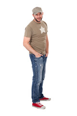 man with hat, t-shirt and jeans standing, isolated on white background