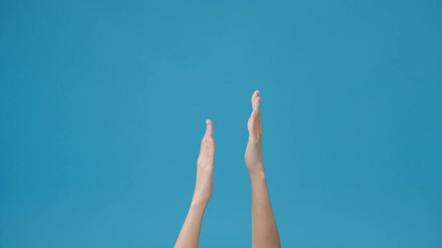 Young Woman Showing Hand Clapping Applause Isolated Over Blue Background In Studio. Copy Space For Place A Text, Message For Advertisement. Advertising Area, Mock Up Promotional Content. Close Up Shot