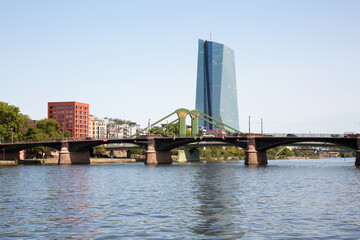 View of the river Main and the financial district skyline of Frankfurt center.