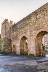 View of Aurelian Walls. Aurelian Walls built in 3rd century C.E., stretching 12 miles around the boundaries of city. All of Rome seven hills are inside boundaries of old walls. Rome, Italy.