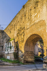 View of Aurelian Walls. Aurelian Walls built in 3rd century C.E., stretching 12 miles around the boundaries of city. All of Rome seven hills are inside boundaries of old walls. Rome, Italy.