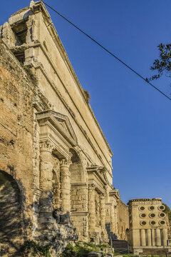 View of Aurelian Walls. Aurelian Walls built in 3rd century C.E., stretching 12 miles around the boundaries of city. All of Rome seven hills are inside boundaries of old walls. Rome, Italy.
