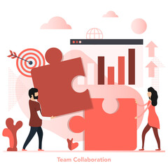 Vector red square concept of team collaboration in flat style