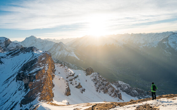 Beautiful autumn landscape in the Alps with mountain tops. Climbing route to the Serles peak in the Stubai Alps, Tyrol. Trip outdoor healthy lifestyle weekend getaway