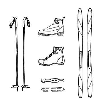 Winter sports equipment and wear/ Cross-country ski gear icons in sketchy style/ Hand drawn vector illustration