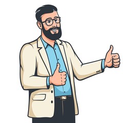 Bearded businessman in glasses with like gesture. Smiling Man in suit thumb up. Vector illustration.