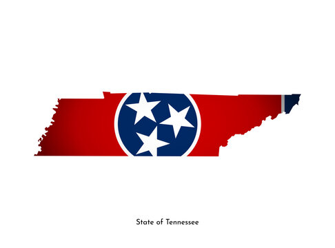 Vector isolated illustration with flag and simplified map of Tennessee (State of USA). Volume shadow on the map. White background