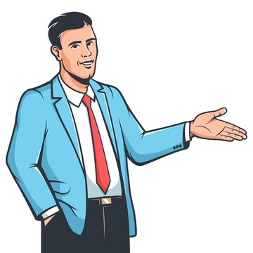 Stylish man in suit explaine gesture. Positive businessman showing something. Vector illustration.