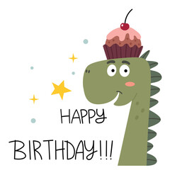 Cute dinosaur with a cupcake on his head wishes happy birthday.Happy Dino. Greeting card. Concept for children print.