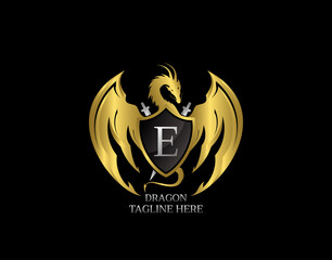 Dragon Emblem With Gold Shield and E Letter Design Logo Template.