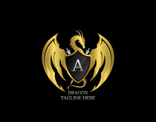 Dragon Emblem With Gold Shield and A Letter Design Logo Template.