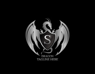 Silver Dragon Shield with S Letter Design Logo Template.