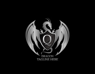 Silver Dragon Shield with Q Letter Design Logo Template.