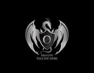 Silver Dragon Shield with O Letter Design Logo Template.