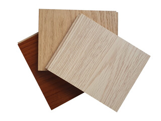 wooden laminate planks samples containing  douglas fir ,oak and american walnut textured and color isolated on white background with clipping path.