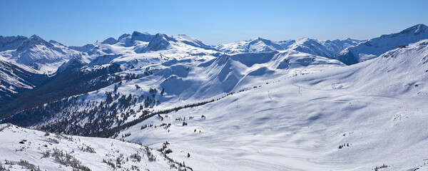 Panoramic view of the snowy mountains and ski pistes at Whistler ski resort in Canada in the winter season.
