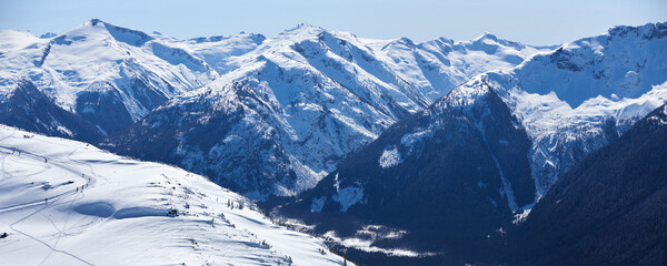 Panoramic view of the winter snowy mountains near Whistler ski resort in Canada.