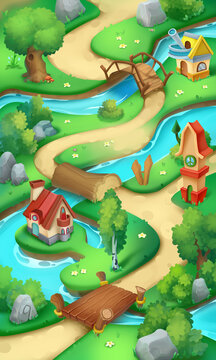River and Forest Casual Style Vertical Game Level Map