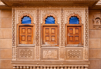 Exterior detail of Patwon Ki Haveli in Jaisalmer, Rajasthan state of India. A haveli is a traditional townhouse or mansion in the Indian subcontinent.
