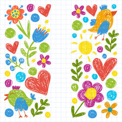 Children kindergarten pattern with flowers and birds. Kids floral vector llustration.