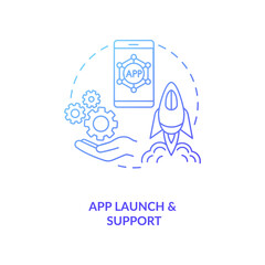 App launch and support concept icon. Mobile app development process. Digital product from starting stage to production idea thin line illustration. Vector isolated outline RGB color drawing