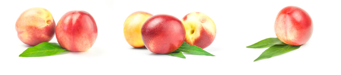 Collage of fresh peaches fruits on a white background clipping path