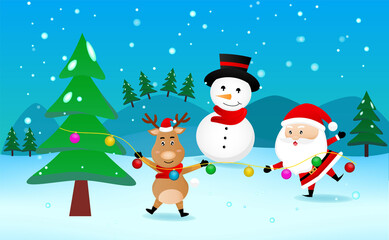 Cheerful Raindeer Santa and snowman with Christmas cute cartoon character of vector illustration