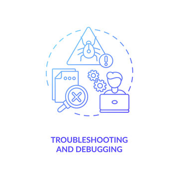 Troubleshooting and debugging concept icon. App developer skills. Finding different problems in digital project tht break it idea thin line illustration. Vector isolated outline RGB color drawing