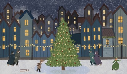 Obraz premium Christmas night in the city. People are having fun on the skating rink. Christmas tree in the city centre with lights and decorations. Vintage style postcard.