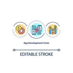 App development cost concept icon. Hourly rates. Technical complexity. Product management idea thin line illustration. Vector isolated outline RGB color drawing. Editable stroke.