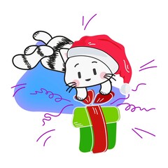 Cute kitten wearing santa claus hat flies on a cloud and holds a gift in its paws. Vector color isolated illustration .