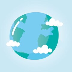 world planet map and clouds cartoon icon