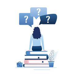 Woman sitting on books, rear view. Female student sitting on textbooks. Speech bubbles with question marks. Education process.