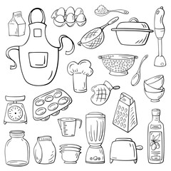 Set of hand-drawn kitchen supplies. Doodle cooking utensils set. Cartoon kitchenware.