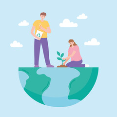 save the planet, couple on half earth map planting and recycle