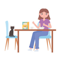 daily routine scene, girl with cat in table, eating breakfast with cereal
