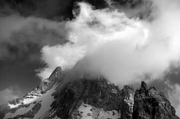 Mountain peaks. Caucasus. Black and white photography.