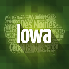 List of cities in Iowa USA state, map silhouette word cloud, map concept background